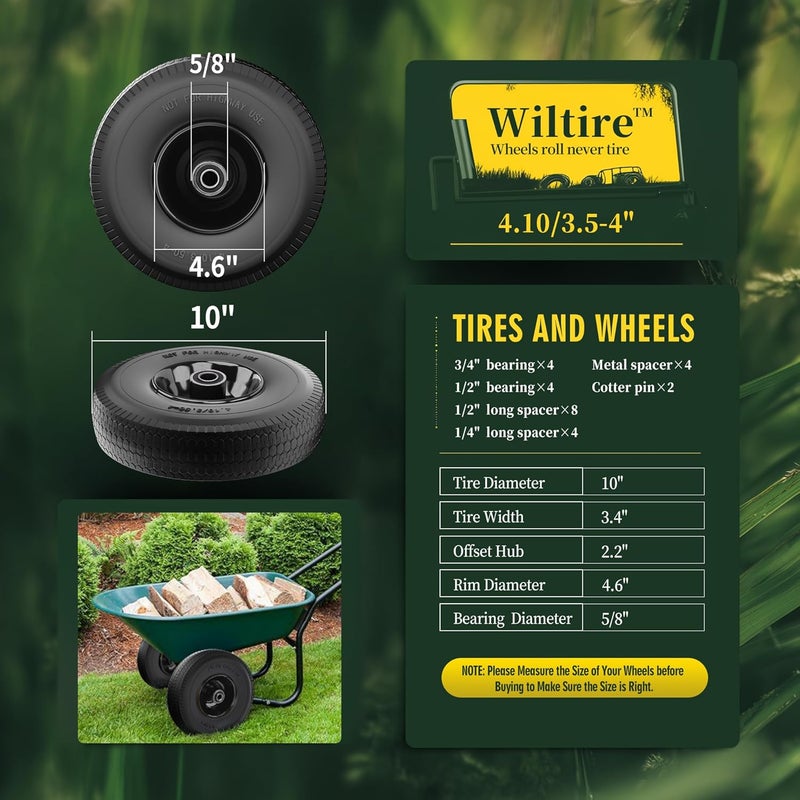 Wiltire (2 Pack) 4.10/3.50-4 Flat Free Tire and Wheel 10-Inch Solid Wheel Replacement with 5/8 Extra 3/4 &1/2 Bearings,2.2" Offset Hub -Compatible with Hand Truck,Wheelbarrow(Wave,Black) - Image 2